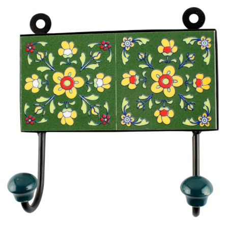 Forest Green Floral Ceramic Tile Hook